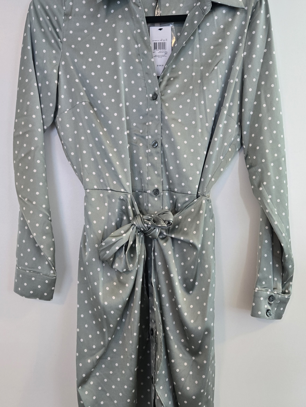 Guess Sage Green Polka Dot Long Sleeve Shirt Dress